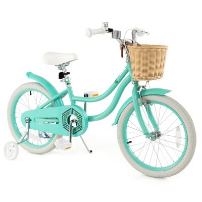 COSTWAY Kids Bike, 18 Inch Toddlers Bike with Kickstand, Training Wheels, Adjustable Seat & Handlebar, Hand & Coaster Brakes, Basket, Bell, Kids Bicycle for Girls Boys Aged 3-8 Years Old, Green