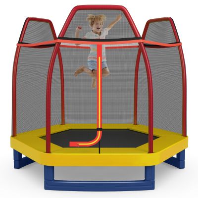 GYMAX Trampoline for Kids, 7FT Toddler Trampoline with Safety Enclosure Net & Seamless Spring Pad, Heavy Duty Small Indoor/Outdoor Rebounder for Boys, Girls Age 3+