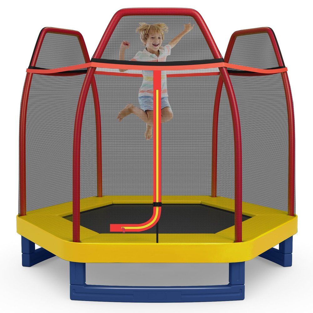 GYMAX Trampoline for Kids, 7FT Toddler Trampoline with Safety Enclosure Net & Seamless Spring Pad, Heavy Duty Small Indoor/Outdoor Rebounder for Boys, Girls Age 3+