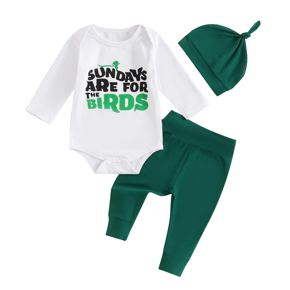 3Pcs Infant Baby Boy Football Outfit Sundays are for the Birds Eagles Romper Bodysuit Pants + Hat Newborn Clothes (Green, 12-18 Months)