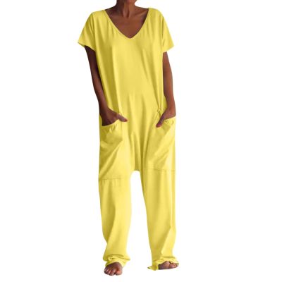 NineFit Basics Summer Jumpsuits for Women 2024 V Neck Pull On Rompers Baggy Solid Color One Piece Onesie Wide Leg Overall Cap Sleeve Casual Rompers Harem Pants with Pockets(01-Yellow,Large)