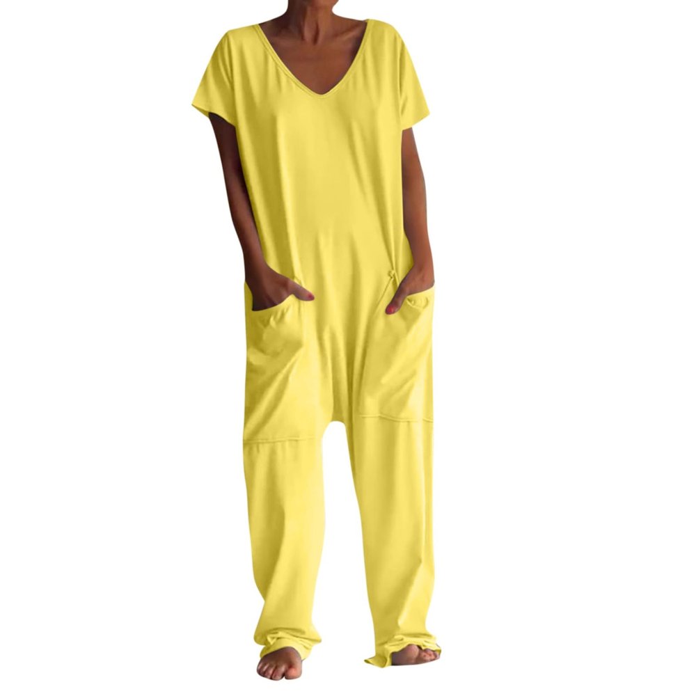 NineFit Basics Summer Jumpsuits for Women 2024 V Neck Pull On Rompers Baggy Solid Color One Piece Onesie Wide Leg Overall Cap Sleeve Casual Rompers Harem Pants with Pockets(01-Yellow,Large)