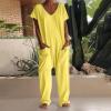 NineFit Basics Summer Jumpsuits for Women 2024 V Neck Pull On Rompers Baggy Solid Color One Piece Onesie Wide Leg Overall Cap Sleeve Casual Rompers Harem Pants with Pockets(01-Yellow,Large) view 2