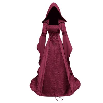 Women's Gothic Dress with Hood Medieval Corset Renaissance Dress Victorian Halloween Costume Cosplay Party Gown Dresses Red