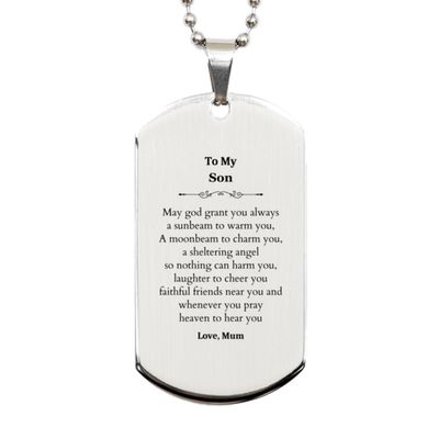 Engraved Silver Dog Tag Son May god grant you always a sunbeam to warm you, A moonbeam to charm you Inspirational Gift for Him Birthday Graduation Keepsake with Love From Mom and Dad