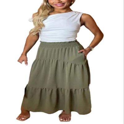 BIWTUP Womens Flared Sheering Maxi Skirt Ladies A Line Pleated Elasticated Waist Long Skirt with Pocket Khaki