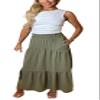BIWTUP Womens Flared Sheering Maxi Skirt Ladies A Line Pleated Elasticated Waist Long Skirt with Pocket Khaki view 1