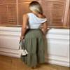 BIWTUP Womens Flared Sheering Maxi Skirt Ladies A Line Pleated Elasticated Waist Long Skirt with Pocket Khaki view 4
