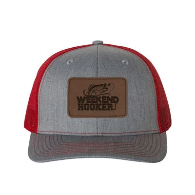 TeesAndTankYou Weekend Hooker Fishing Mesh Back Trucker Cap Engraved Faux-Leather Patch Adjustable Hat Heather Gray/Red