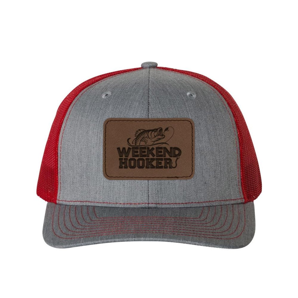 TeesAndTankYou Weekend Hooker Fishing Mesh Back Trucker Cap Engraved Faux-Leather Patch Adjustable Hat Heather Gray/Red