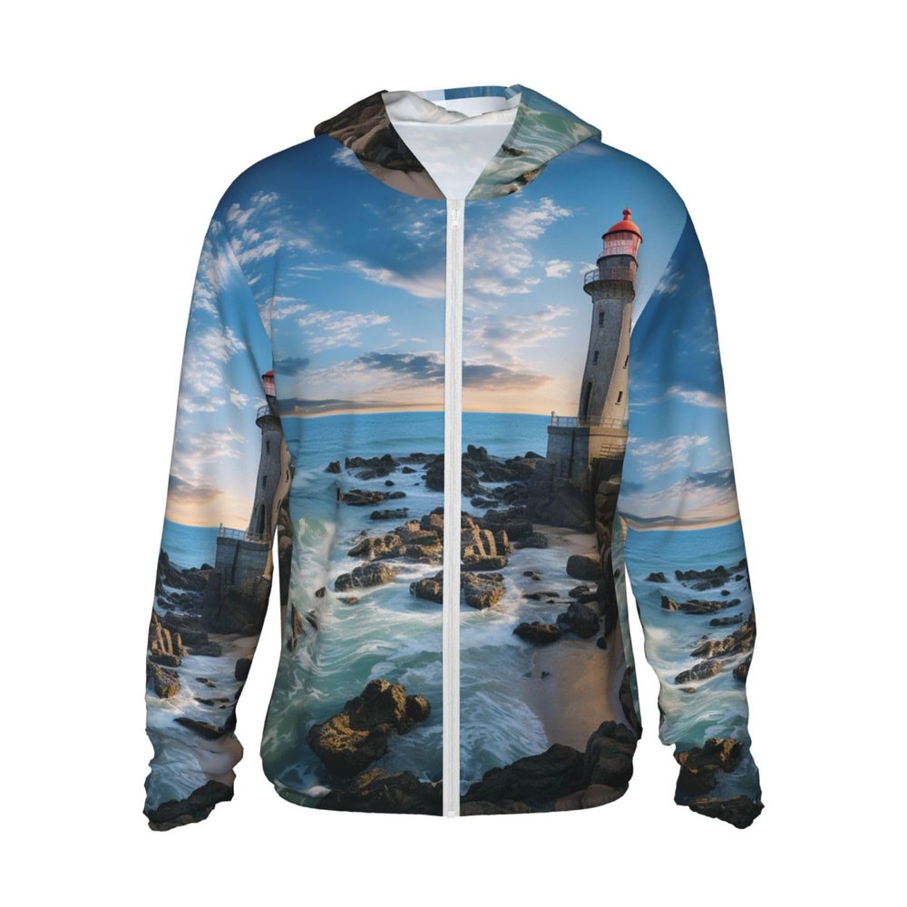 GFLFMXZW Sun Protection Hoodie for Men Women UPF 50+ Long Sleeve Sun Shirts Rash Guard Jacket Beach Lighthouse Sun Shirt X-Large Black