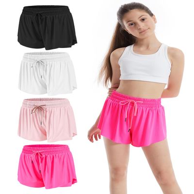 Celfaeree 3-4 Packs Girls Flowy Butterfly Shorts Athletic 2 in 1 Running Active Skirt Shorts, Workout Short for Kids Teens Bl/White/Pink/Hot Pink S