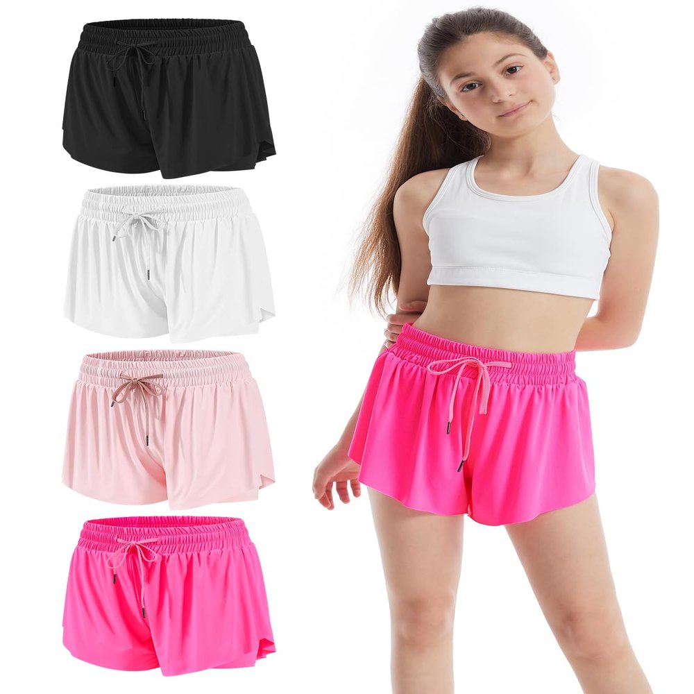 Celfaeree 3-4 Packs Girls Flowy Butterfly Shorts Athletic 2 in 1 Running Active Skirt Shorts, Workout Short for Kids Teens Bl/White/Pink/Hot Pink S