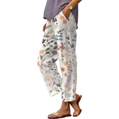 Akivide Women's Floral Cropped Linen Pants Summer Elastic Waist Straight Leg Casual Beach Trousers with Pockets