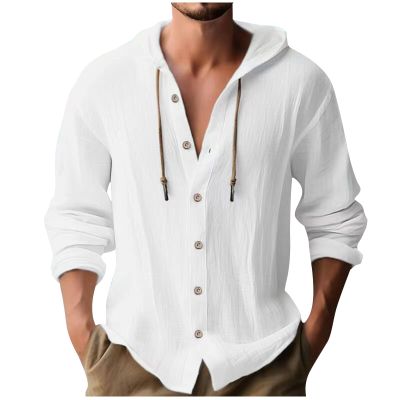 NineFit Basics Cotton Linen Hoodies For Men Drawstring Hooded Button Down Beach Hippie Shirt Casual Lightweight Long Sleeve Blouse White, Medium