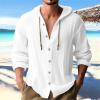 NineFit Basics Cotton Linen Hoodies For Men Drawstring Hooded Button Down Beach Hippie Shirt Casual Lightweight Long Sleeve Blouse White, Medium view 2