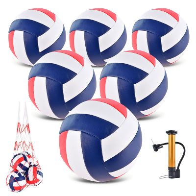 6 Pack Volleyballs Official Size 5, Soft Bulk Recreational Volley Balls with Pump and Net Bag for Indoor Outdoor Beach Pool Water Sand Game Training Match Gift for Beginner Women, Red Navy Blue Blue