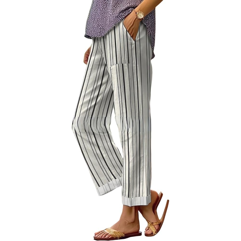 Akivide Women's Floral Cropped Linen Pants Summer Elastic Waist Straight Leg Casual Beach Trousers with Pockets