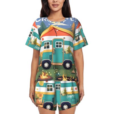 Happy Camper Women'S Pajama Set Soft Short Sleeve Top With Pants Shortwear Sleepwear Pajamas Black