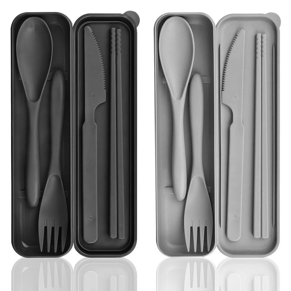2 Sets Plastic Reusable Utensils Set with Case, Travel Chopsticks Fork Spoon Knife Set for Lunch Box, Portable Cutlery Sets for Travel Camping Daily Use (Black, Grey)