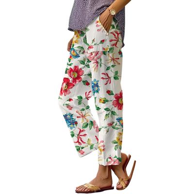 Akivide Women's Floral Cropped Linen Pants Summer Elastic Waist Straight Leg Casual Beach Trousers with Pockets