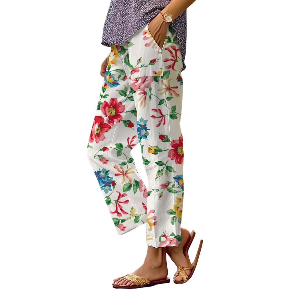 Akivide Women's Floral Cropped Linen Pants Summer Elastic Waist Straight Leg Casual Beach Trousers with Pockets