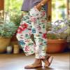 Akivide Women's Floral Cropped Linen Pants Summer Elastic Waist Straight Leg Casual Beach Trousers with Pockets view 2
