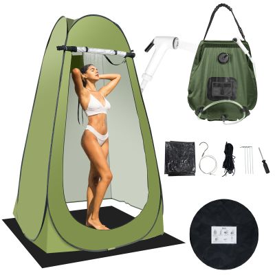 Portable Camping Bathroom Shower Tent Kit, Outdoor Pop Up Privacy Changing Tent with 5 Gallon Shower Bag-(Nozzle Upgraded) (Green)