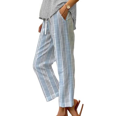 Akivide Women's Floral Cropped Linen Pants Summer Elastic Waist Straight Leg Casual Beach Trousers with Pockets
