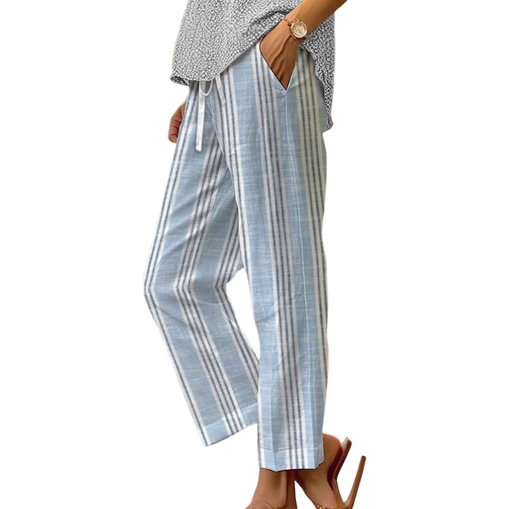 Akivide Women's Floral Cropped Linen Pants Summer Elastic Waist Straight Leg Casual Beach Trousers with Pockets
