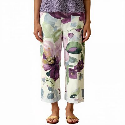 Akivide Women's Floral Cropped Linen Pants Summer Elastic Waist Straight Leg Casual Beach Trousers with Pockets