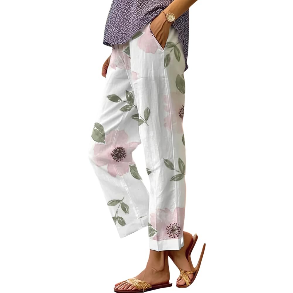 Akivide Women's Floral Cropped Linen Pants Summer Elastic Waist Straight Leg Casual Beach Trousers with Pockets