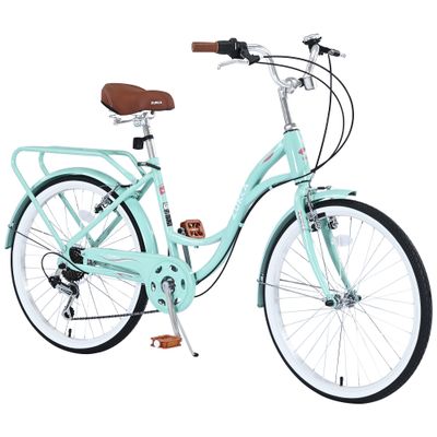 BALINGE 24 Inch 7 Speeds Beach Cruiser Bike, Bike Cruiser,Womens Bicycle,City Hybrid Bike Steel Frame Commuter Bike for Women Senior, Bikes for Adults,GCC Certificate, Light Green