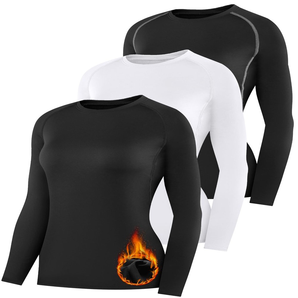 HovSiyla 3 Pack Womens Thermal Compression Long Sleeve Shirts Fleece Lined Tops Crew Neck Slim Fit Base Layer Ladies Underwear 1 Black 1 Black(Grey Line) 1 White Medium