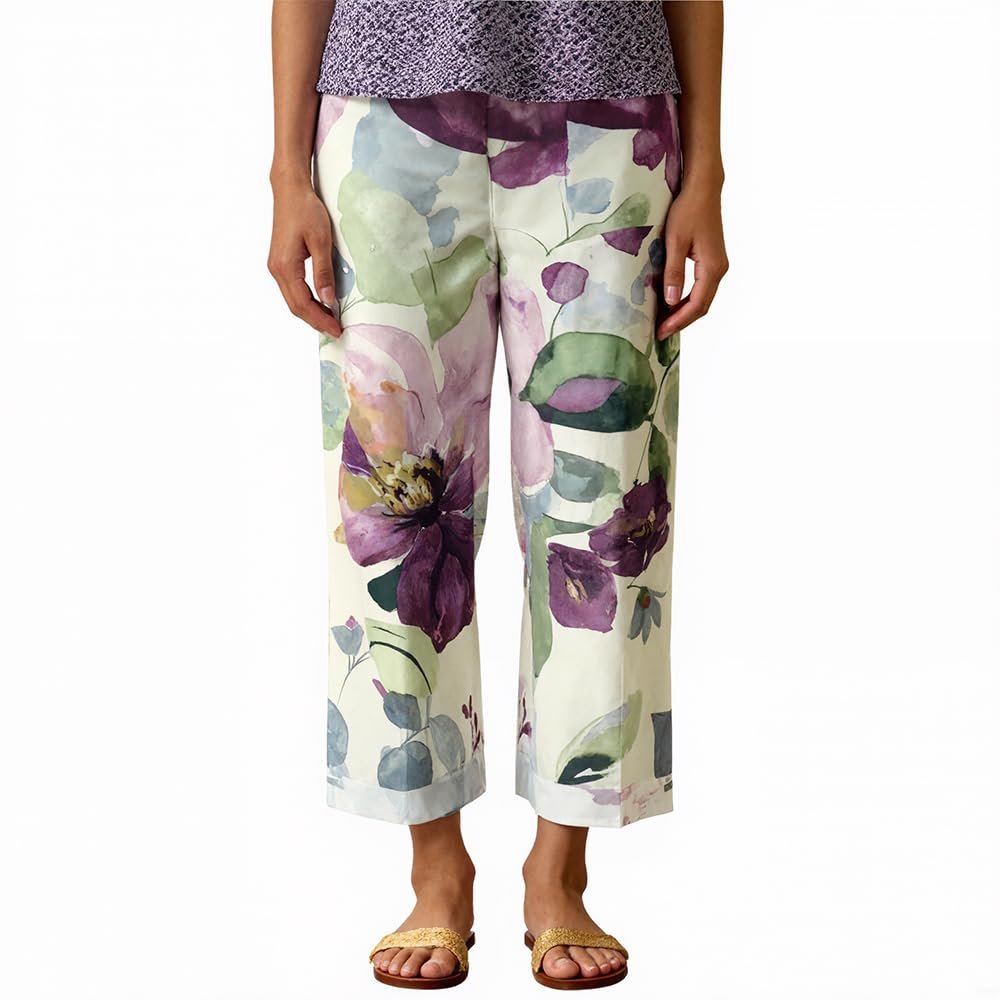 Akivide Women's Floral Cropped Linen Pants Summer Elastic Waist Straight Leg Casual Beach Trousers with Pockets