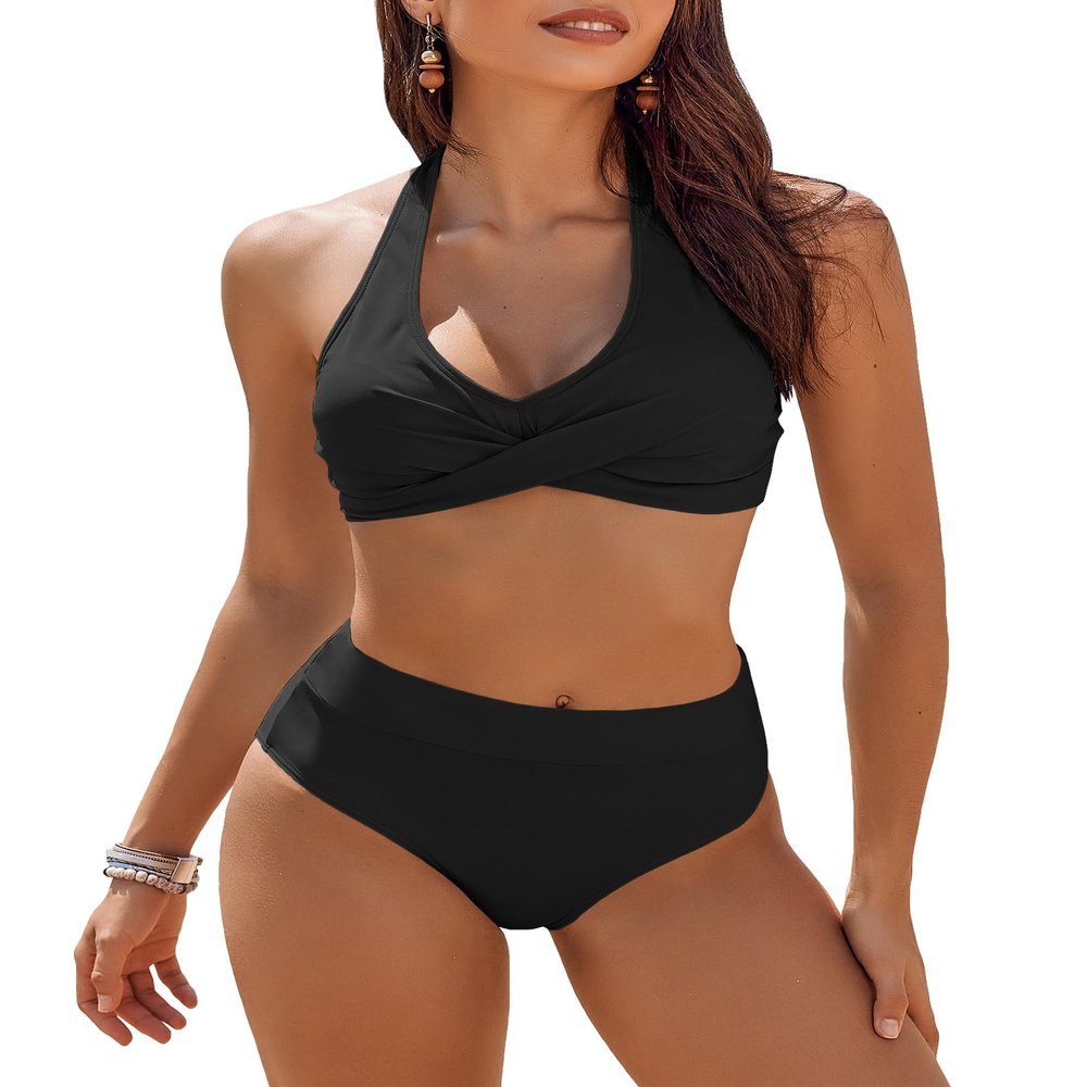 AI'MAGE Women's High Waisted Bikini Sets Tummy Control Swimsuits 2026 Two Piece Bathing Suits Color Block HalterSwim Suits, Black, XXL
