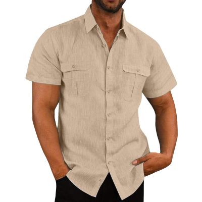 Mens Casual Linen Shirts Short Sleeve Button Down Tees Spread Collar Plain Tshirts Blouses Summer Vacation Beach Tops Beige