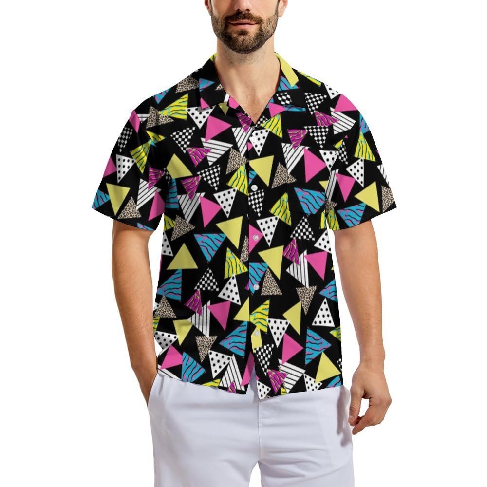 80s Shirts for Men 90s Hawaiian Short Sleeves Printed Casual Button Up Shirts Retro Costumes(80s90s-3-L)