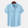 Mens Casual Linen Shirts Short Sleeve Button Down Tees Spread Collar Plain Tshirts Blouses Summer Vacation Beach Tops Light Blue view 2