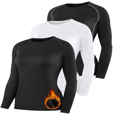 HovSiyla 3 Pack Womens Thermal Compression Long Sleeve Shirts Fleece Lined Tops Crew Neck Slim Fit Base Layer Ladies Underwear 1 Black 1 Black(Grey Line) 1 White Small