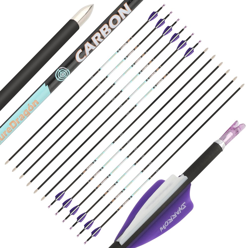 ZSHJGJR 32 Inch Pure Carbon Arrows ID 4.2mm Targeting Arrows Spine 300 400 500 600 700 800 900 1000 for Archery Competition Target Shooting Hunting 6/12Pack (12, Purple White, Spine 400)