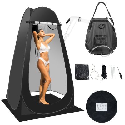 Portable Camping Bathroom Shower Tent Kit, Outdoor Pop Up Privacy Changing Tent with 5 Gallon Shower Bag-(Nozzle Upgraded)(Black)