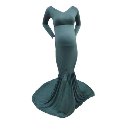 Women Maternity Gown Dress Elegant Long Sleeve Photography V Neck Dress Chiffon Flowy Shower Maxi Photo Props Dress (X-Large,Green)