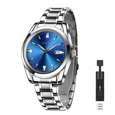 Taxau Mens Dress Watches Stainless Steel Silver Watches for Men Waterproof Blue Face Men's Wrist Watch Analog Quartz Men's Casual Watch with Day Date Relojes para Hombres