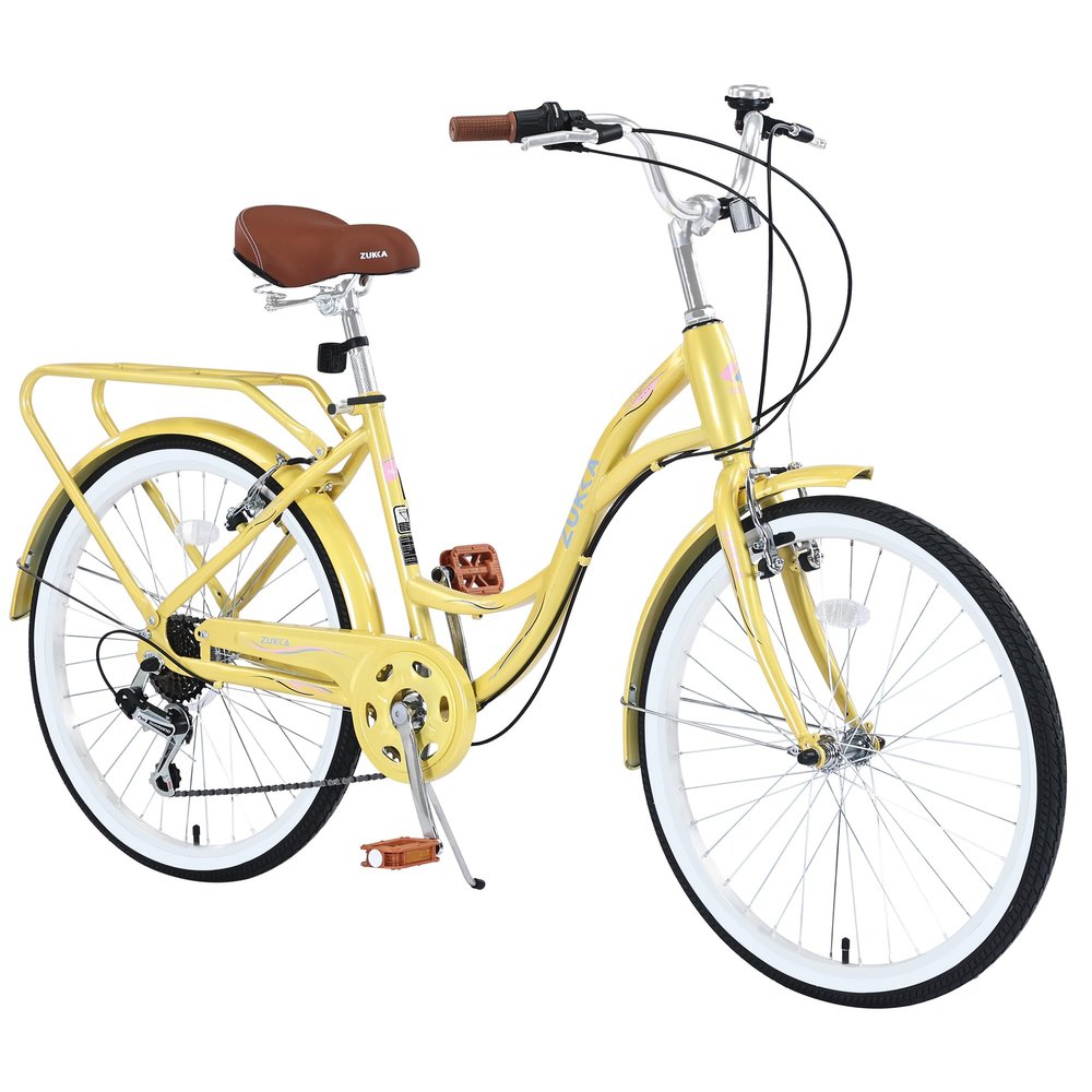MEGHNA Cruiser Bike Low Step-Through 24inch Commuter Bike V - Brake 7 Speed Shifter Driven City Bike for Women Senior Men, Yellow