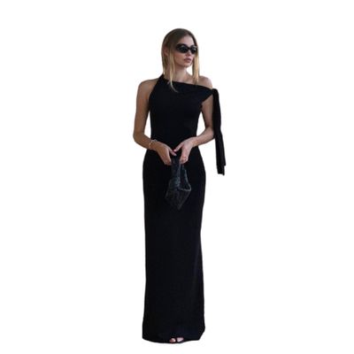 ANKOMINA Women's Elegant Asymmetrical Collar Sleeveless One Shoulder Maxi Dress Bodycon Party Cocktail Long Dresses Black