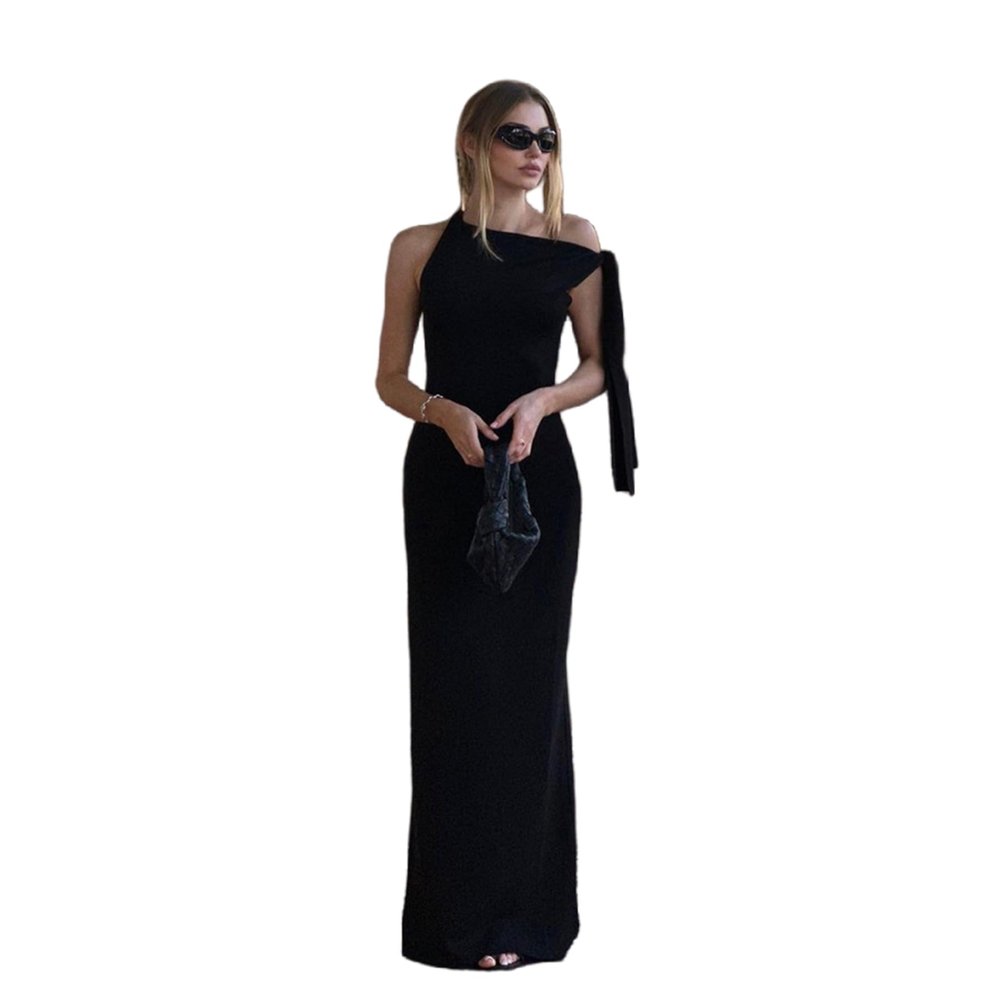 ANKOMINA Women's Elegant Asymmetrical Collar Sleeveless One Shoulder Maxi Dress Bodycon Party Cocktail Long Dresses Black