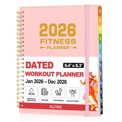 2026 Fitness Workout Journal Planner for Women & Men, JAN 2026 - DEC 2026 Exercise Planner, 6.4" x 8.3" Workout Calendar Journal Essentials Gift for Goals, Tracking, Gifts with PVC Plastic Cover, Pink