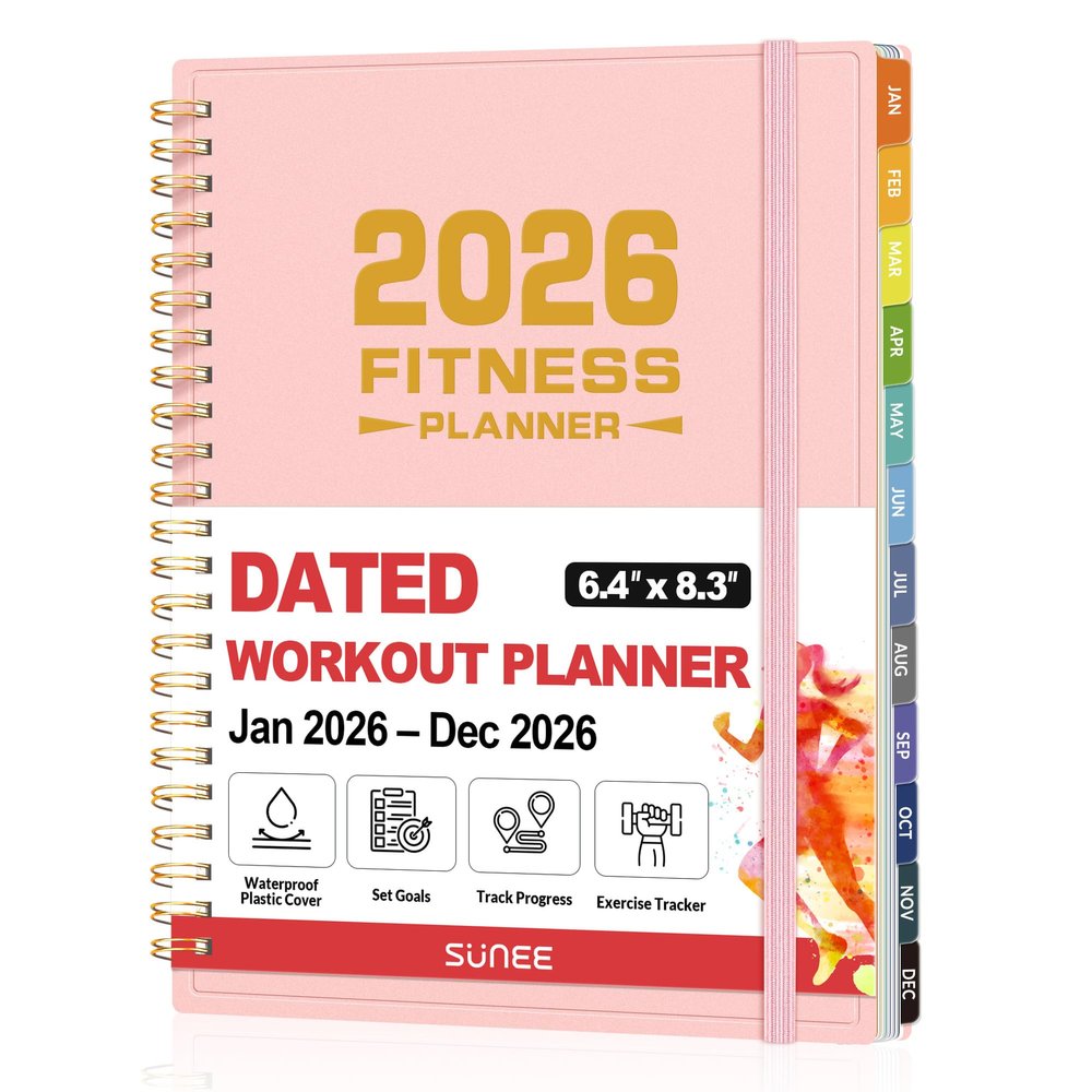 2026 Fitness Workout Journal Planner for Women & Men, JAN 2026 - DEC 2026 Exercise Planner, 6.4" x 8.3" Workout Calendar Journal Essentials Gift for Goals, Tracking, Gifts with PVC Plastic Cover, Pink