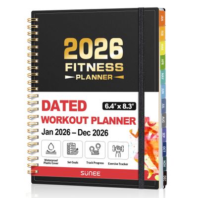 2026 Fitness Workout Journal Planner for Women & Men, JAN 2026 - DEC 2026 Exercise Planner, 6.4" x 8.3" Workout Calendar Journal Essentials Gift for Goals, Tracking, Gifts with PVC Plastic Cover,Black